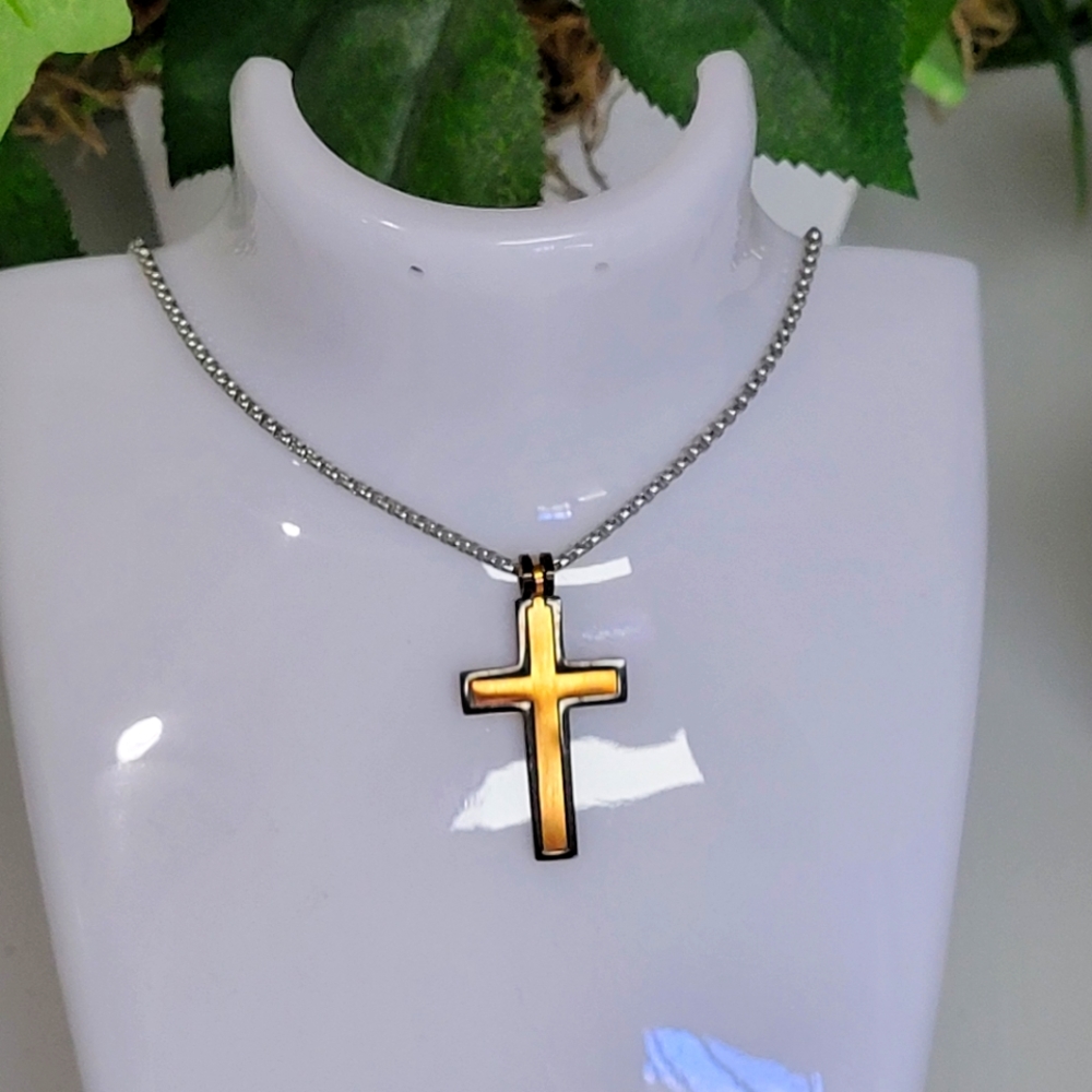 18KGP "HE Rocks" stainless steel tri-tone cross and chain with signature…